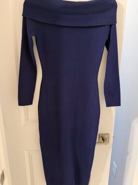 Off-the-Shoulder Long Sleeve Knit Midi Dress in Navy